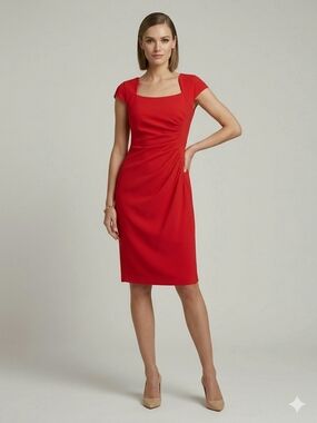 LK Bennett Classic Red Sheath Dress With Asymmetric Side Pleats